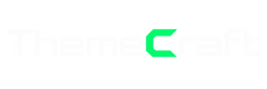 A bright green stylized letter 'C' centered on a plain white background, with a faint ThemeCraft wordmark in light gray behind it.